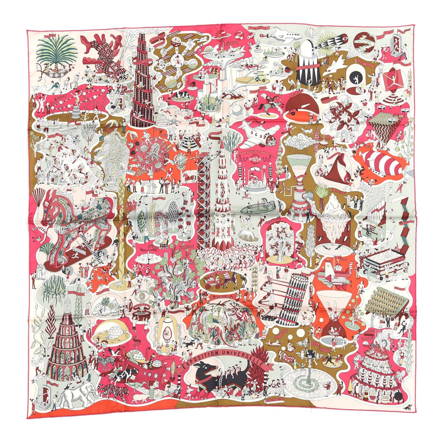 Silk Exposition Universell Scarf 90 Rose Vif Vert Rouge