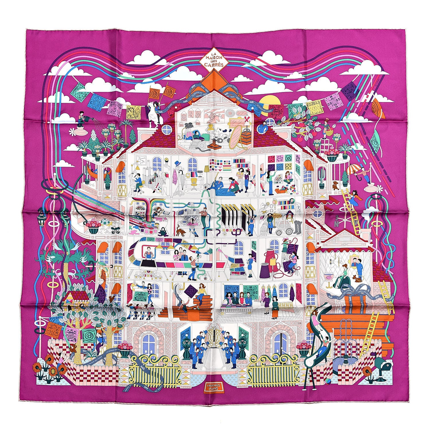 Hermes Silk La Maizeon des Carres Scarf 90 Fuchsia Blanc Multicolore 1 of 5