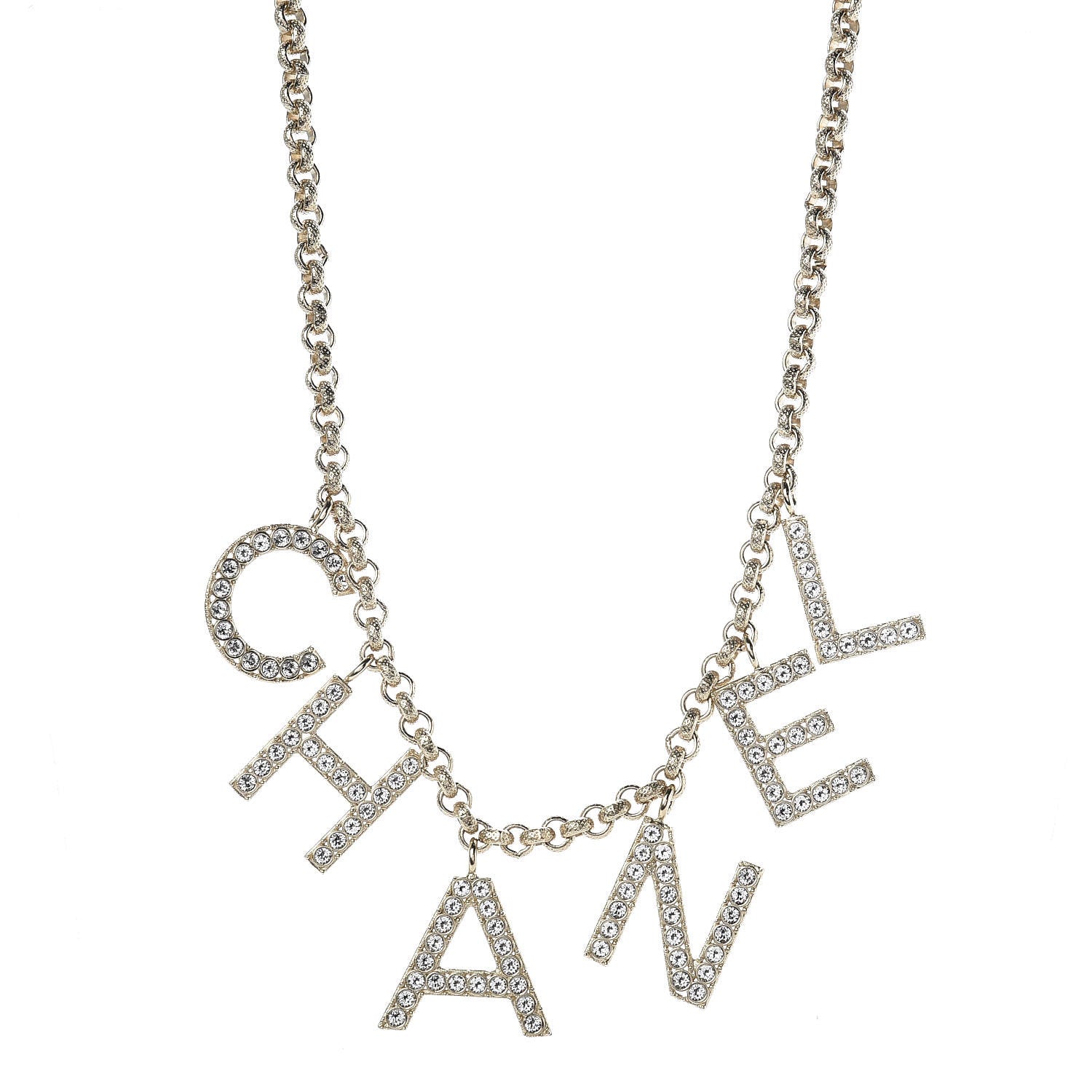 Chanel Metal Crystal Cha-Nel Logo Necklace Gold 1 of 6