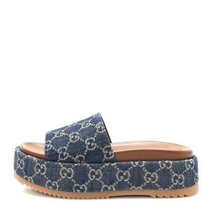 Gucci New Denim GG Monogram Angelina Platform 55mm Slide Sandals 36.5 Blue Tea 1 of 9