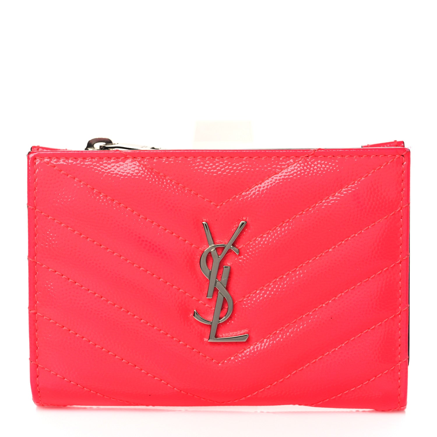 Saint Laurent Patent Grain De Poudre Matelasse Chevron Monogram Zipped Two-Part Wallet Neon Pink 1 of 8