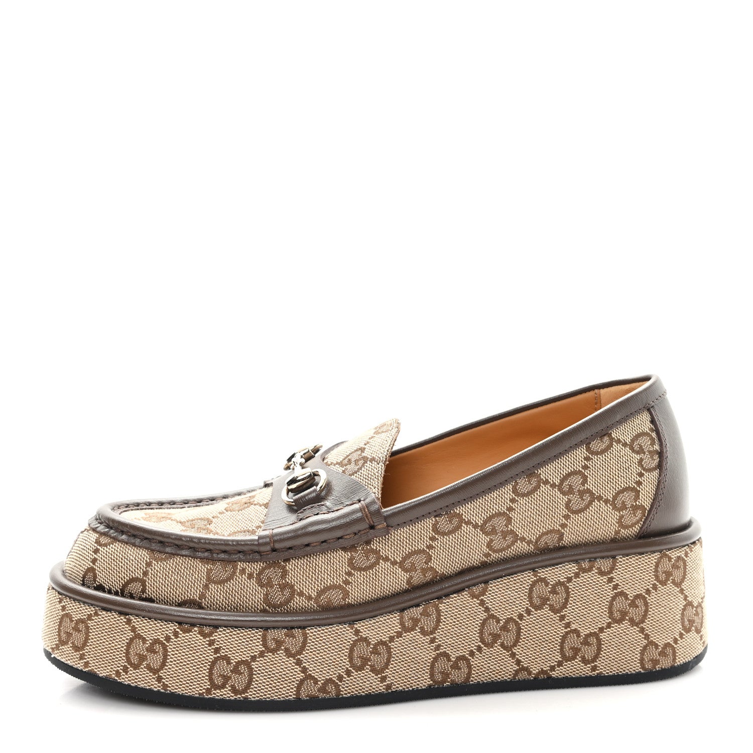 Gucci Monogram Horsebit Calfskin Womens Horsebit Wedge Platform Loafers 35.5 Beige Ebony 1 of 8
