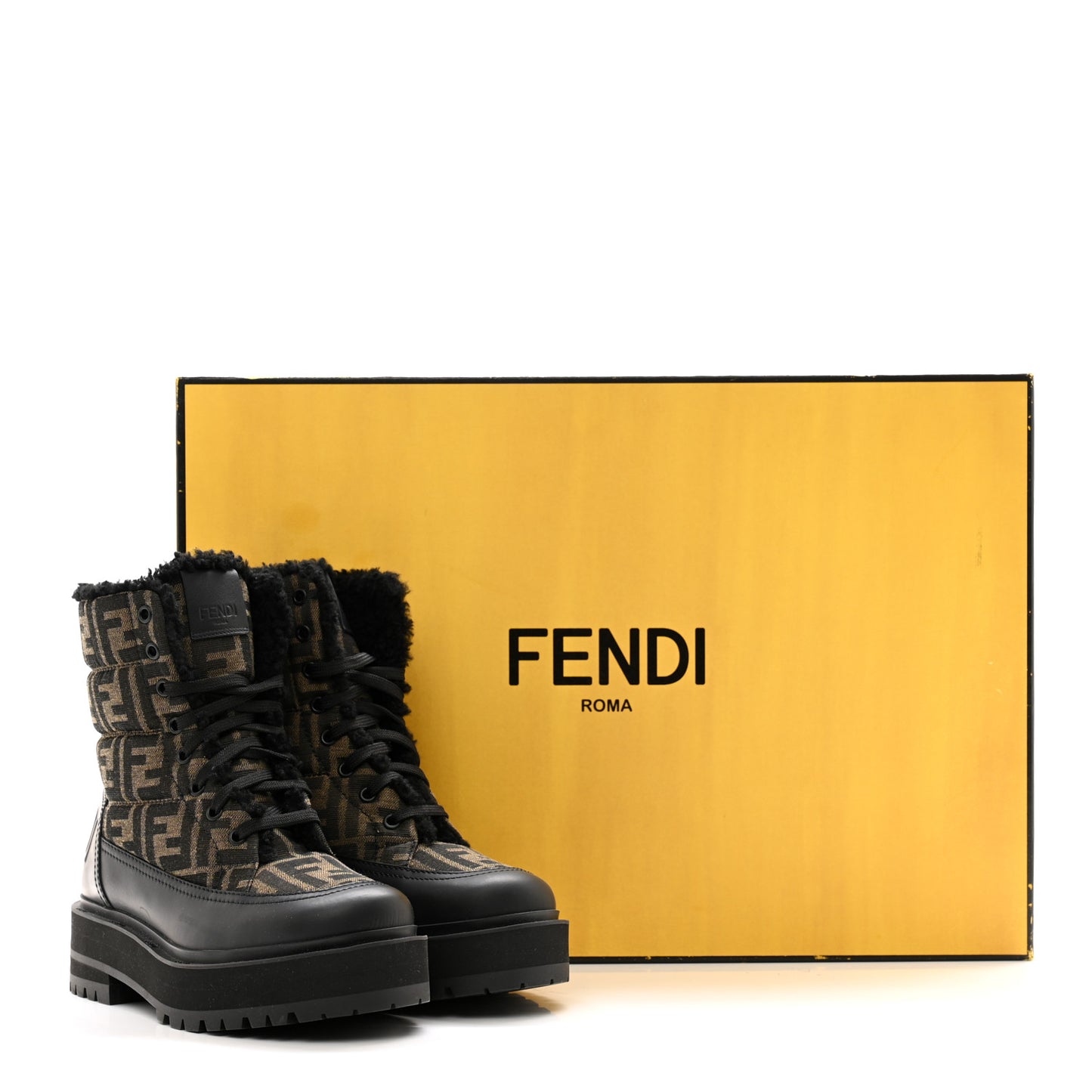 Vitello Nylon Jacquard Fabric FF Signature Biker Boots 35.5 Black Tobacco