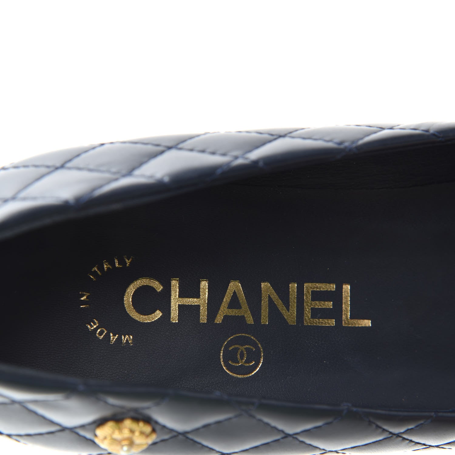 Chanel Calfskin Quilted Cap Toe Camellia Pumps 38 Navy Black 8 of 11