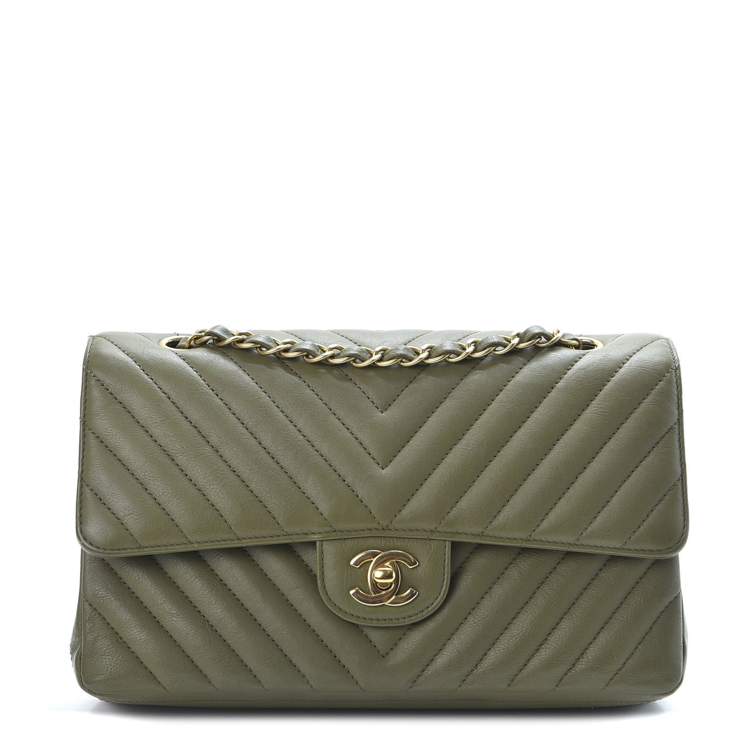 Calfskin Chevron Quilted Medium Double Flap Khaki