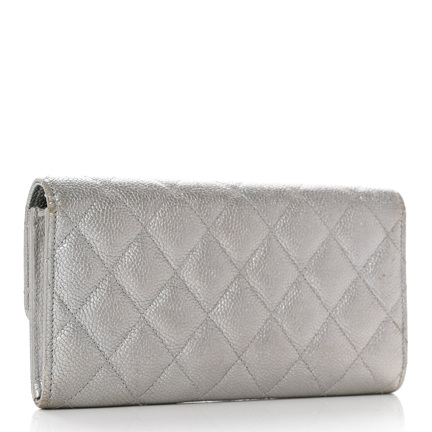 Glittered Metallic Caviar Quilted Large Flap Wallet Silver