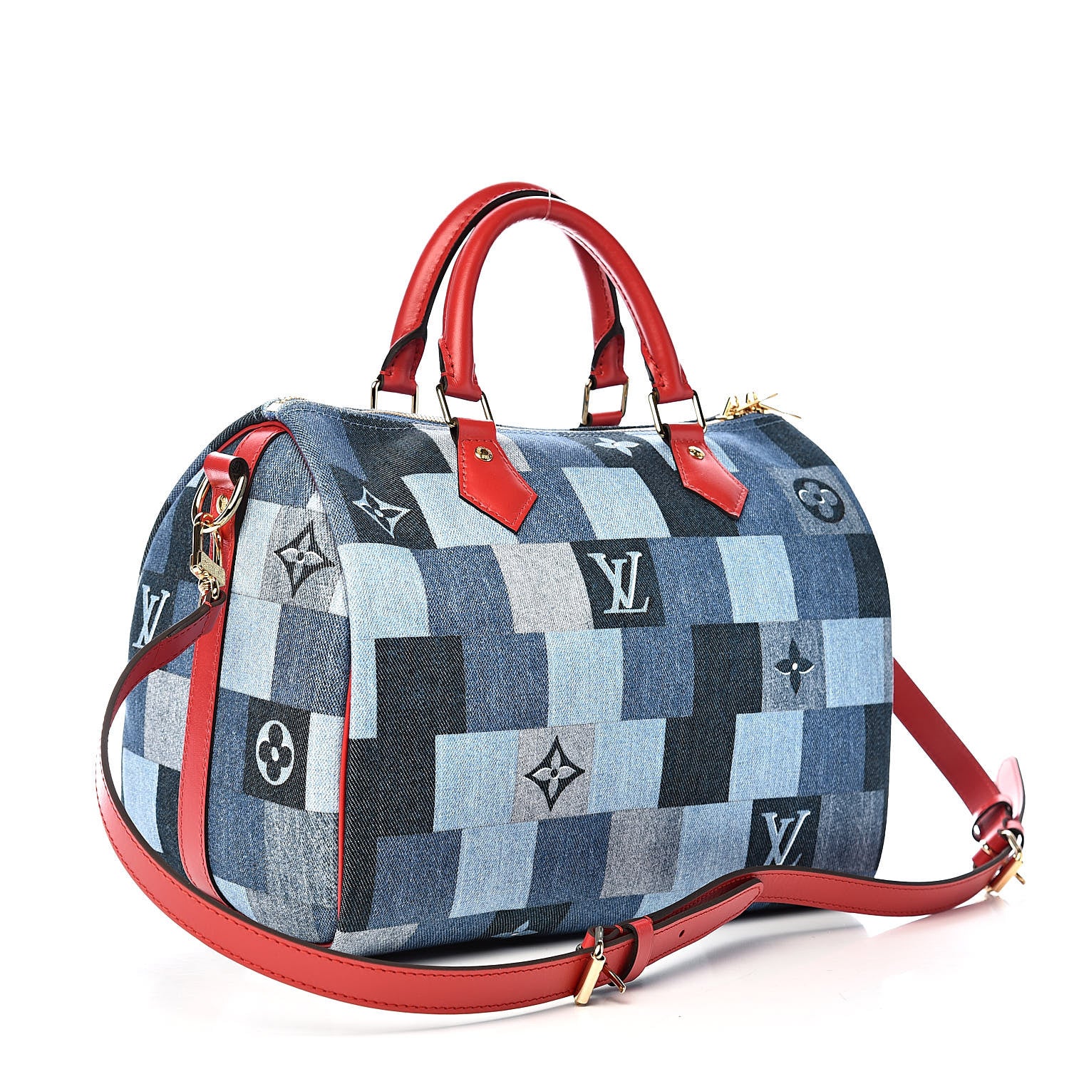 Louis Vuitton Denim Damier Monogram Patchwork Speedy Bandouliere 30 Blue Rouge 3 of 11