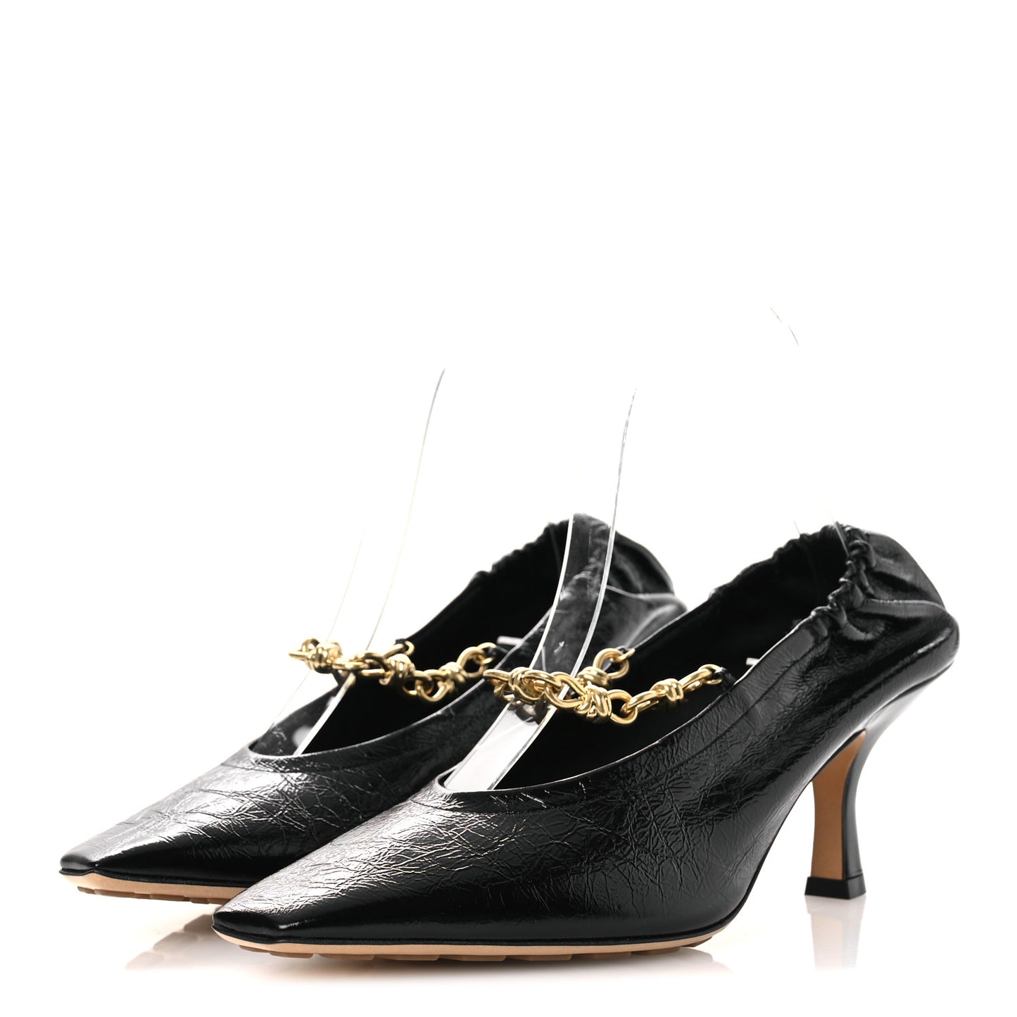 Crinkled Calfskin Sharp Chain Pumps 39 Black
