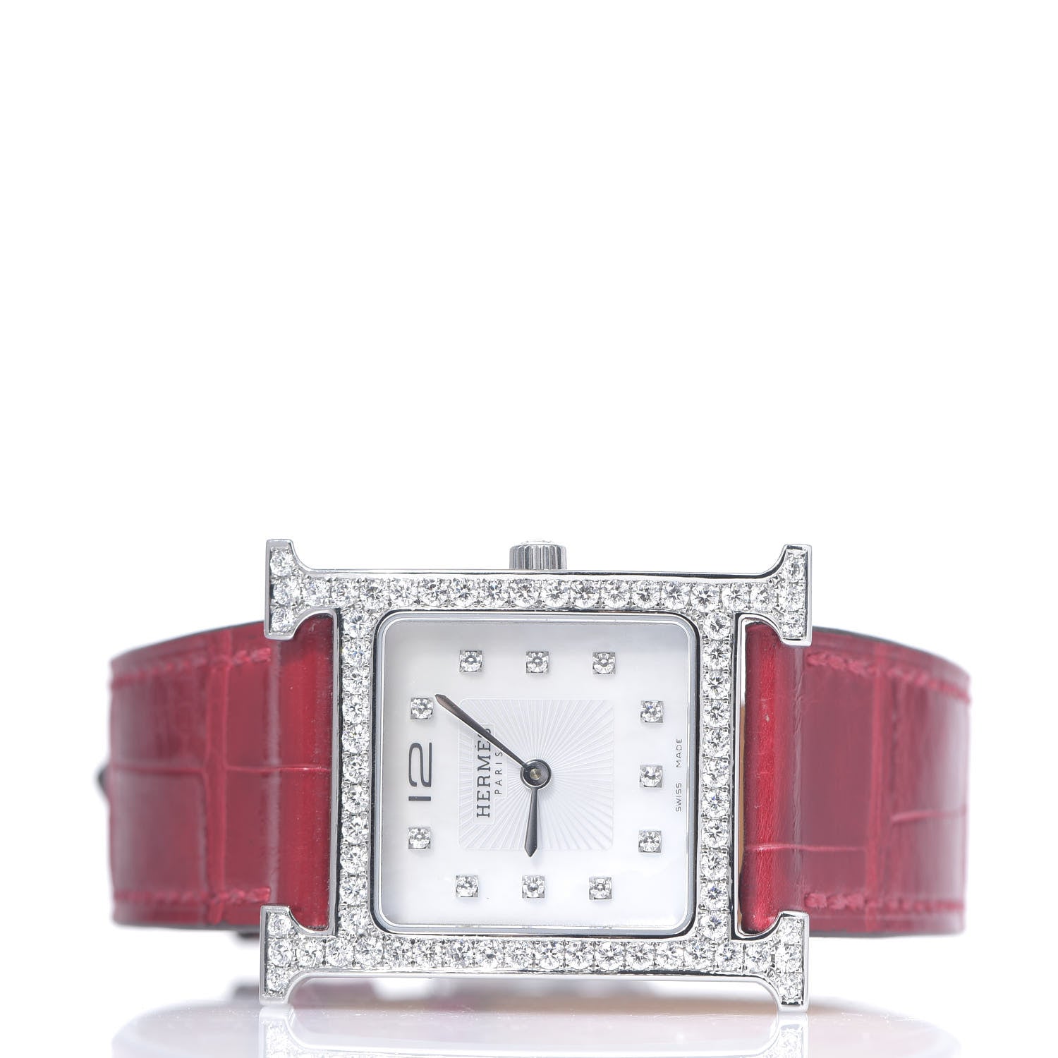 Hermes Stainless Steel Alligator Diamond Bezel Mother of Pearl 26mm Heure H Hour Quartz Watch Braise 2 of 7