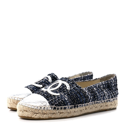 Chanel Metallic Tweed Lambskin CC Espadrilles 37 Blue Black Silver 3 of 9