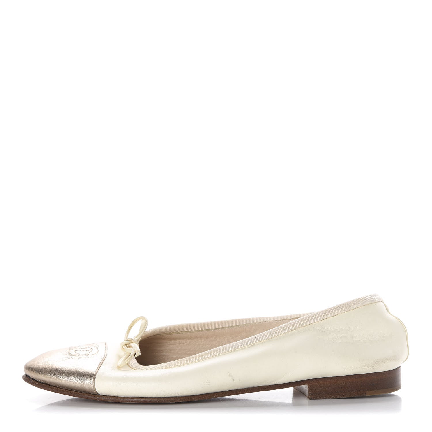 Chanel Calfskin Cap Toe CC Ballerina Flats 38 Beige Gold 1 of 9