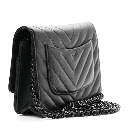 Chanel Sheepskin Chevron Reissue Wallet On Chain WOC So Black 3 of 10
