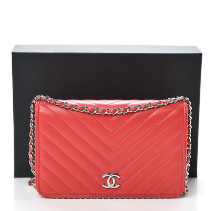 Chanel Lambskin Chevron Quilted Studded Wallet On Chain WOC Light Red 15 of 15