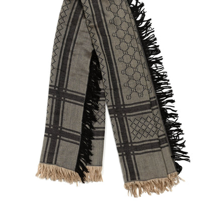 Gucci Wool Silk GG Monogram Diamante Plaid Surviee Shawl Beige Dark Brown 2 of 3