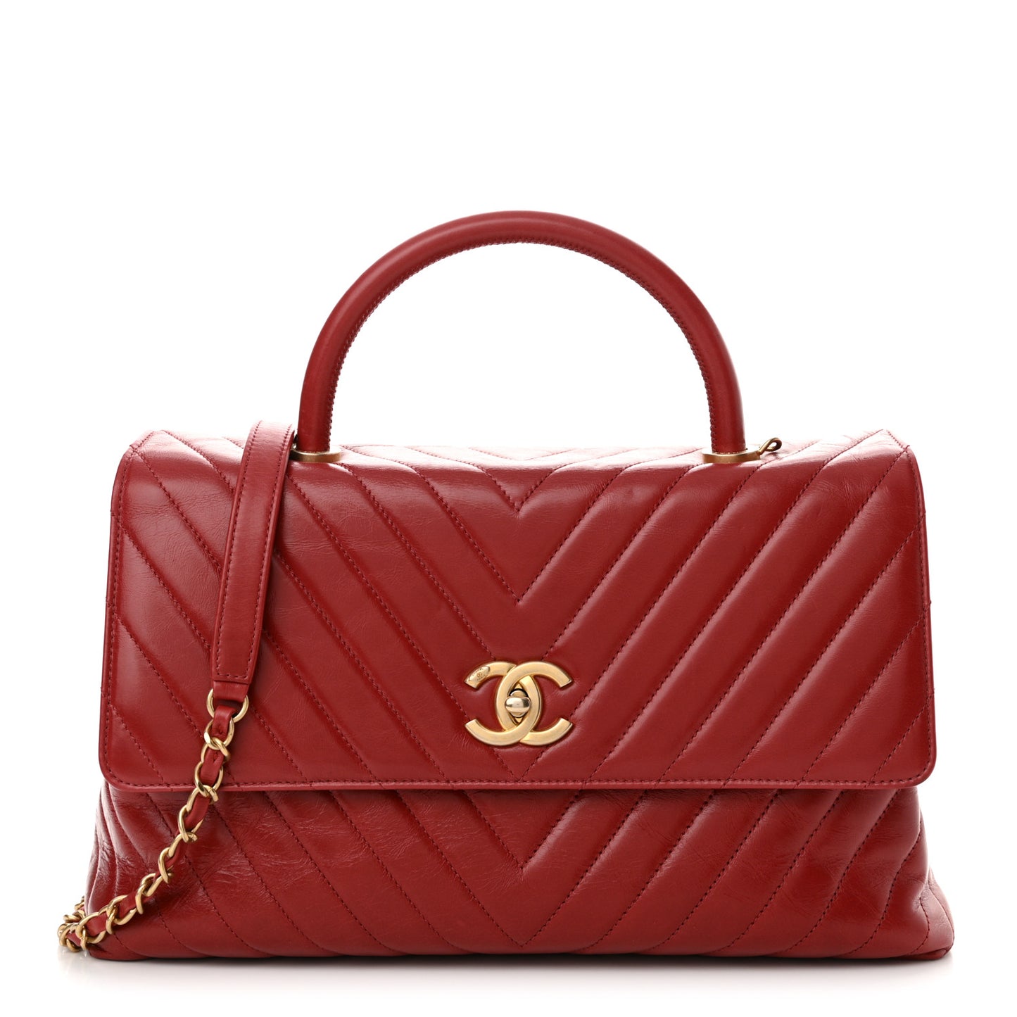 Aged Calfskin Chevron Quilted Large Coco Handle Flap Red