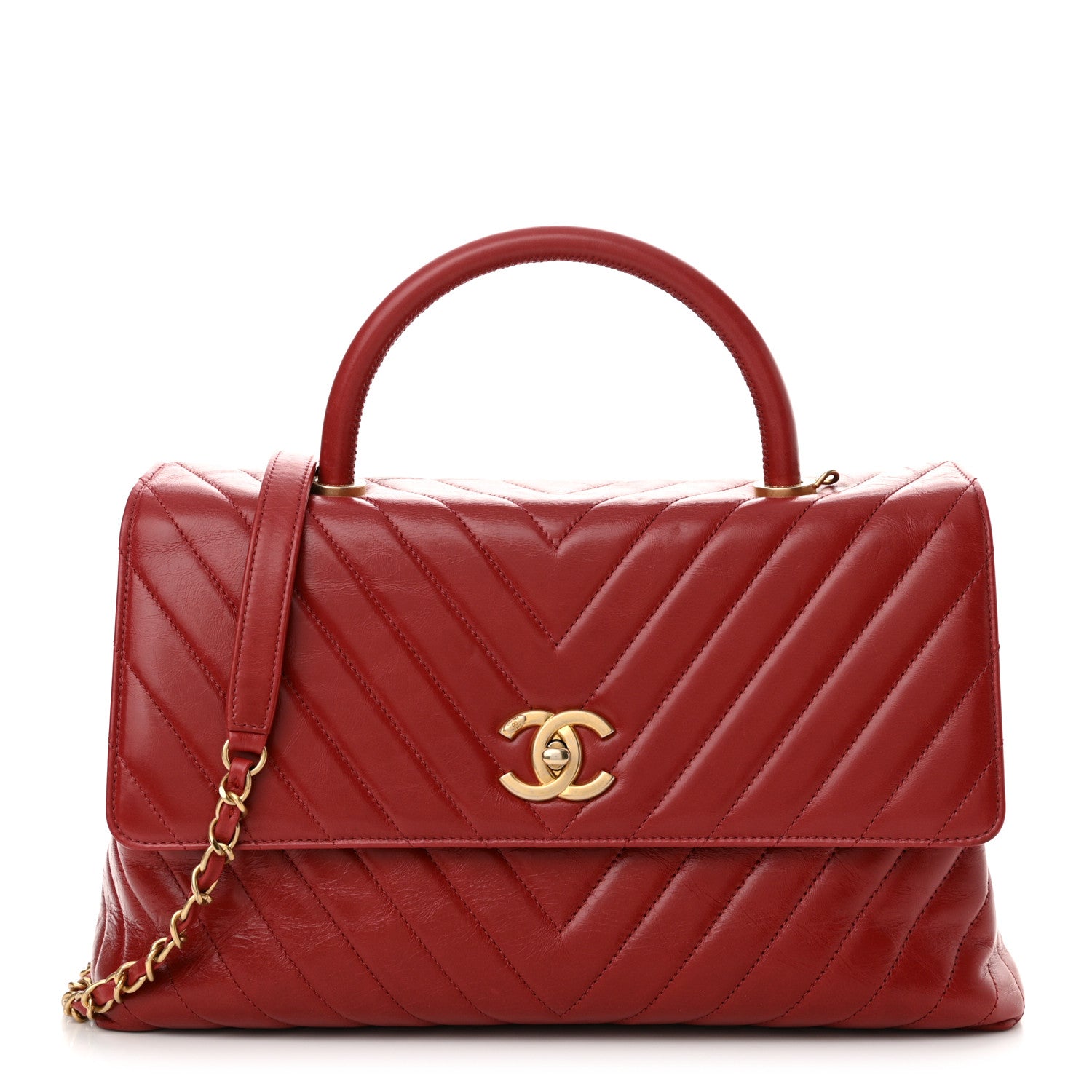 Chanel Aged Calfskin Chevron Quilted Large Coco Handle Flap Red 1 of 16