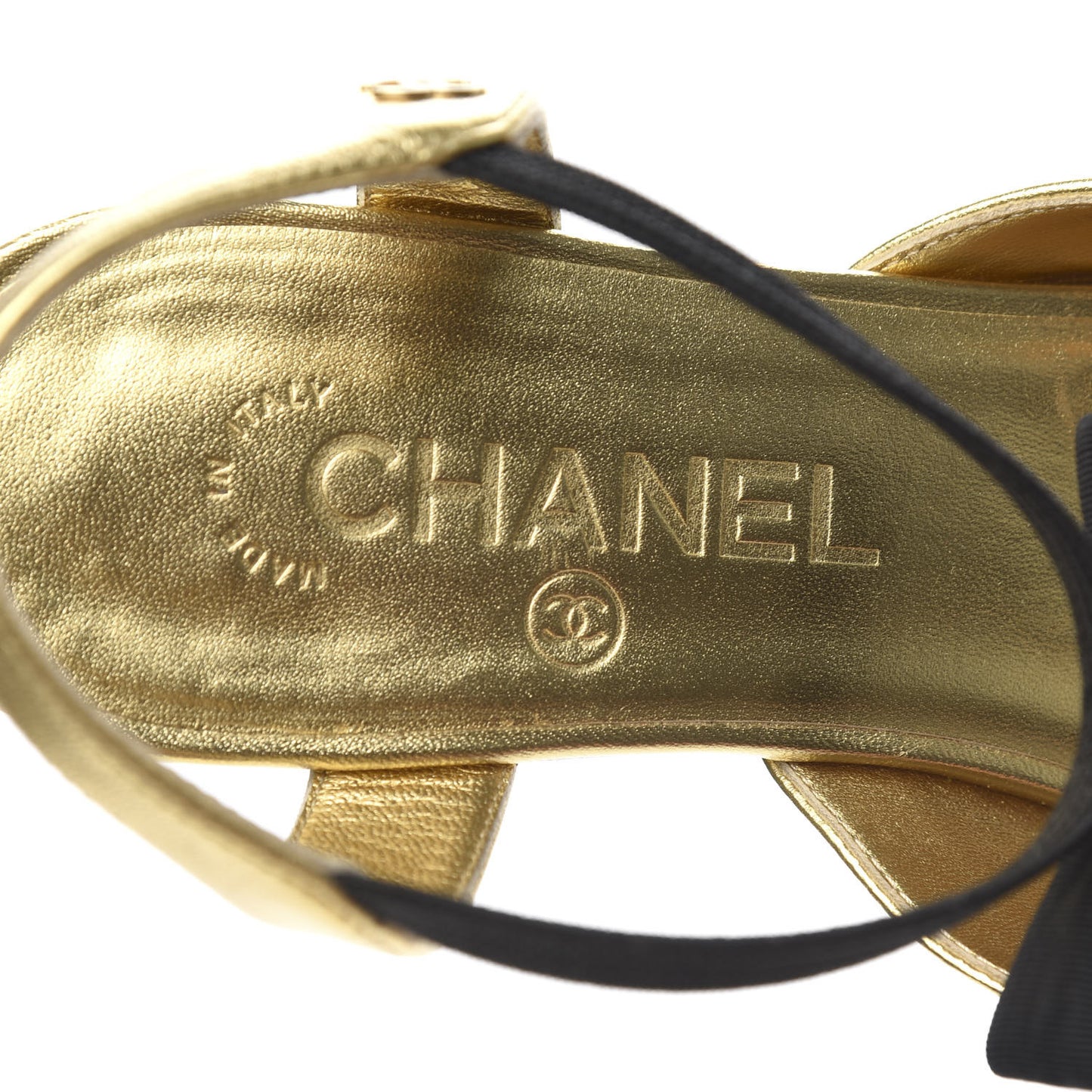 Laminated Lambskin Grosgrain Cap Toe Bow Flats 38.5 Gold Black