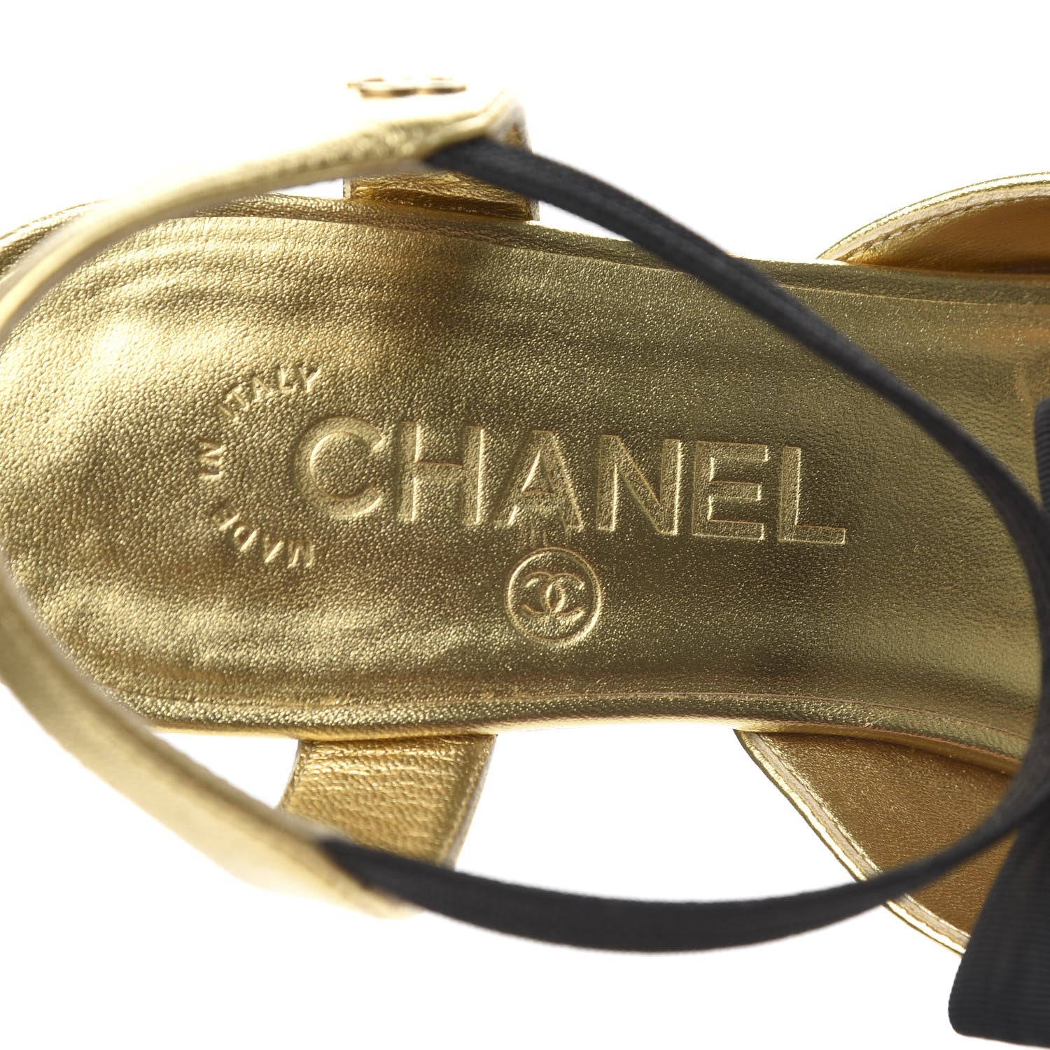 Chanel Laminated Lambskin Grosgrain Cap Toe Bow Flats 38.5 Gold Black 8 of 10