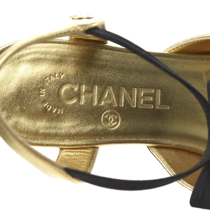 Chanel Laminated Lambskin Grosgrain Cap Toe Bow Flats 38.5 Gold Black 8 of 10