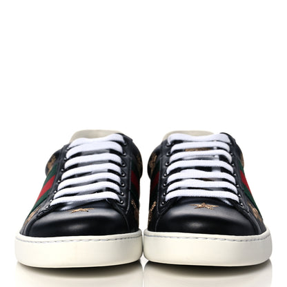 Gucci Calfskin Ayers Mens Web Bee Star Embroidered Ace Sneakers 5 Black 2 of 7