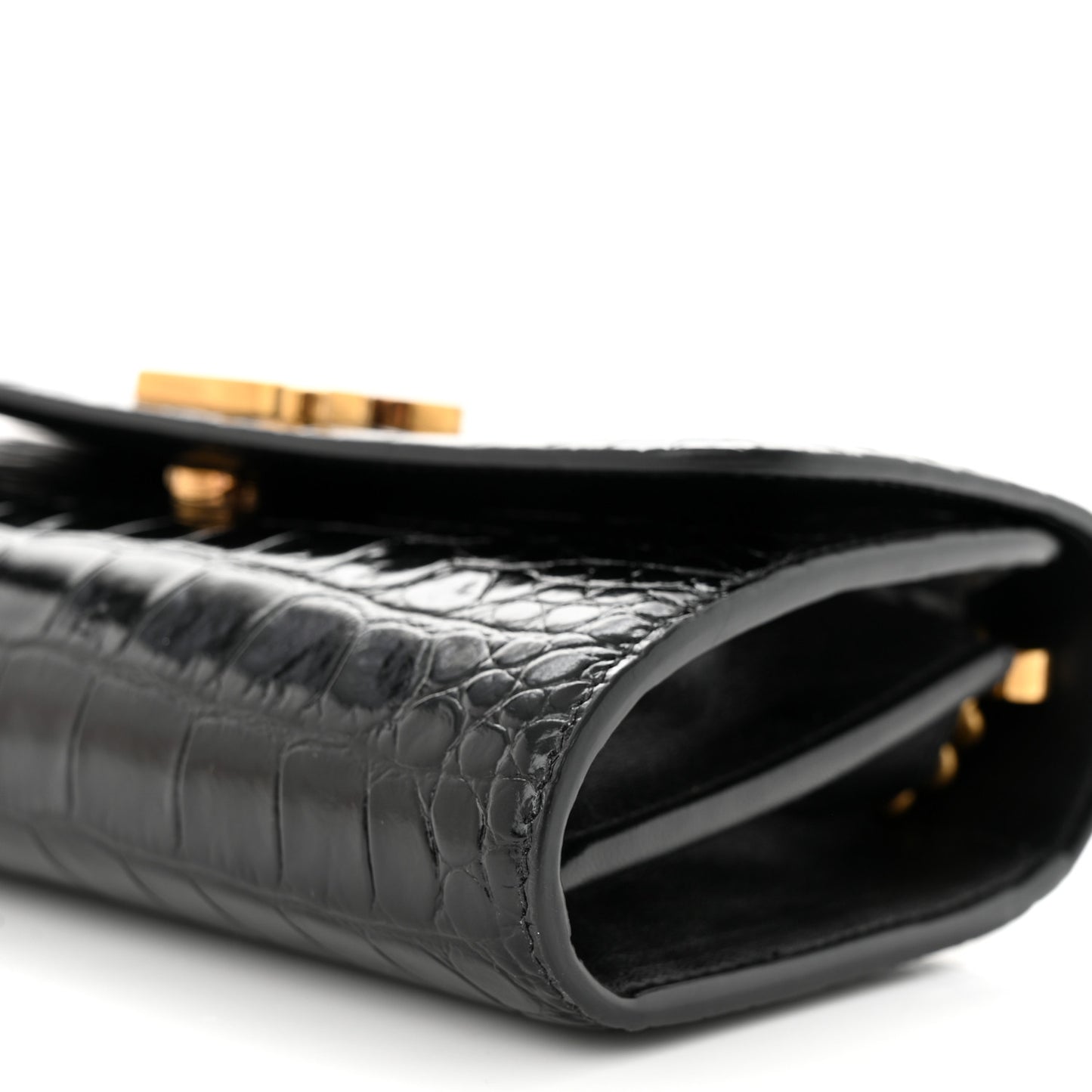 Shiny Calfskin Crocodile Embossed B Continental Chain Bag Black