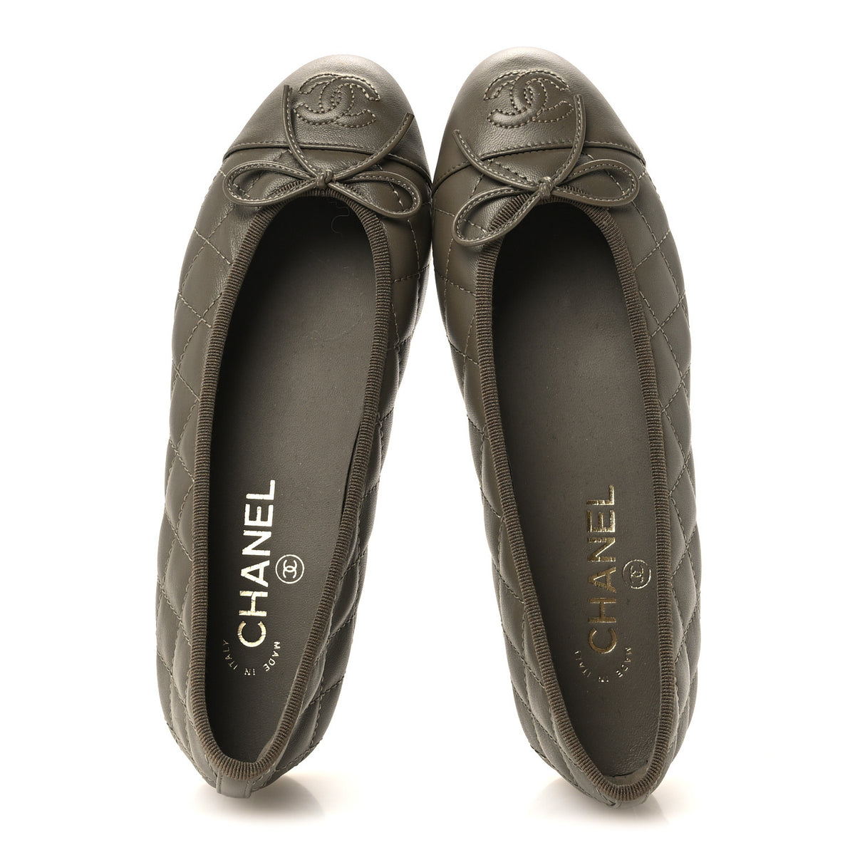 Lambskin Quilted CC Cap Toe Ballerina Flats 37 Dark Khaki