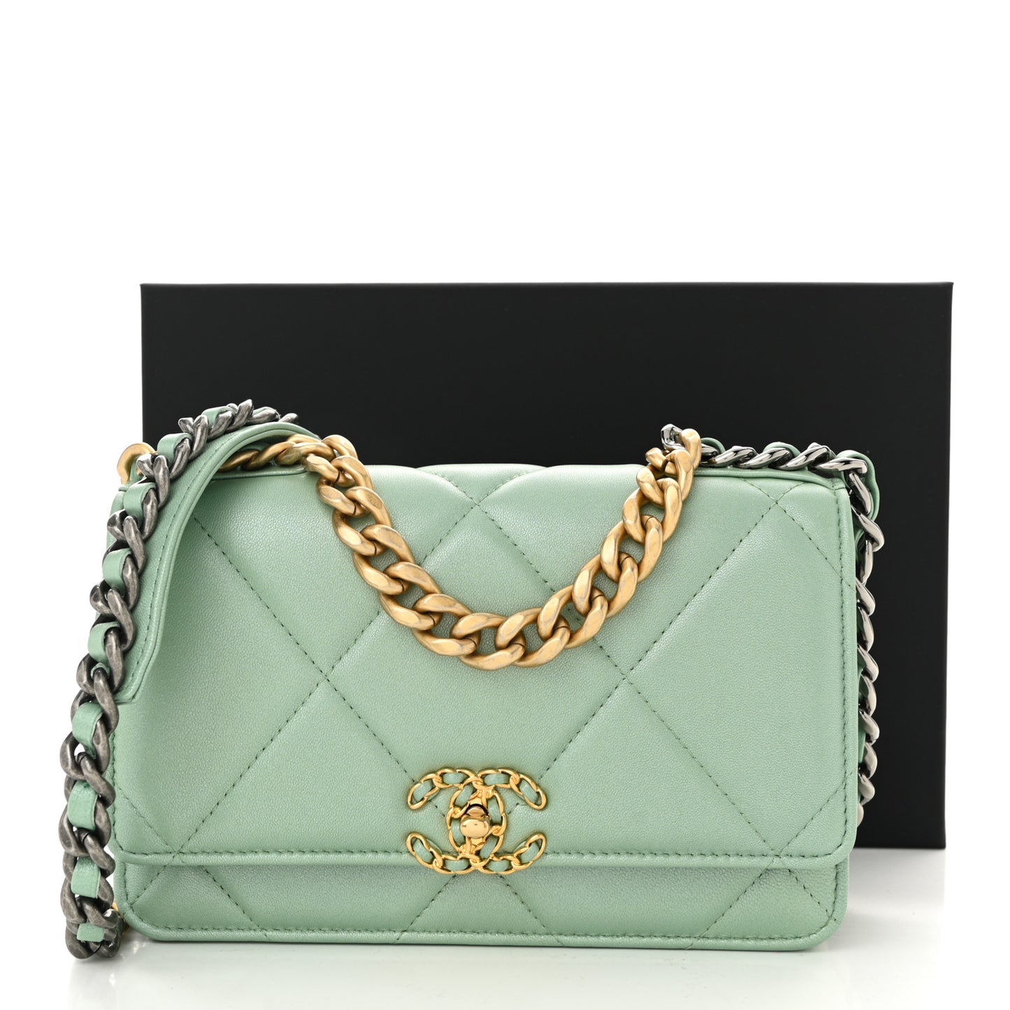 Shiny Lambskin Quilted Chanel 19 Wallet On Chain WOC Light Green