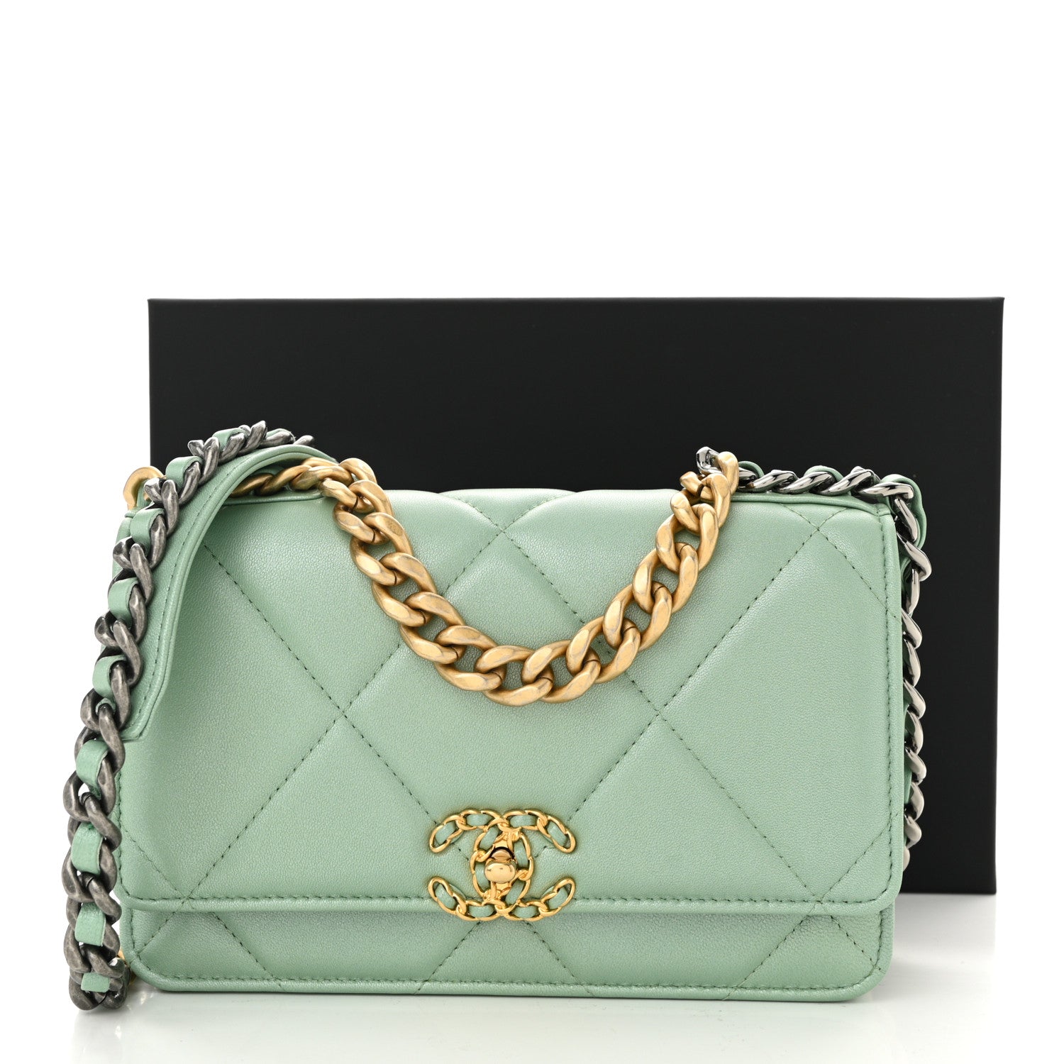 Chanel Shiny Lambskin Quilted Chanel 19 Wallet On Chain WOC Light Green 12 of 12