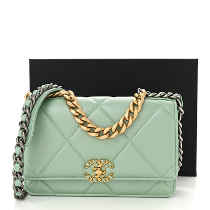 Chanel Shiny Lambskin Quilted Chanel 19 Wallet On Chain WOC Light Green 12 of 12