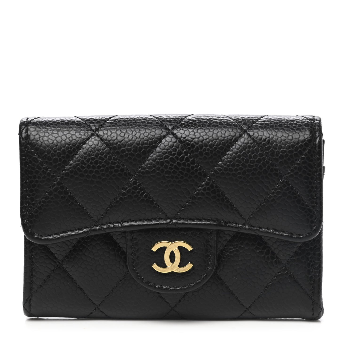 Caviar Quilted Flap Card Holder Wallet Black