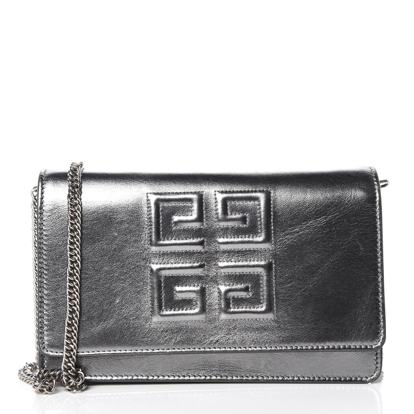 Metallic Lambskin Emblem Chain Wallet Silver