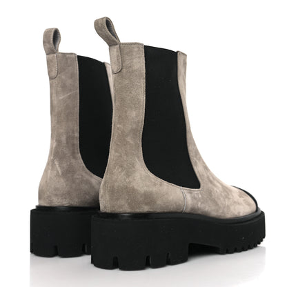 Chanel Suede Calfskin Grossgrain Cap Toe CC Ankle Boots 37.5 Light Grey Black 4 of 9