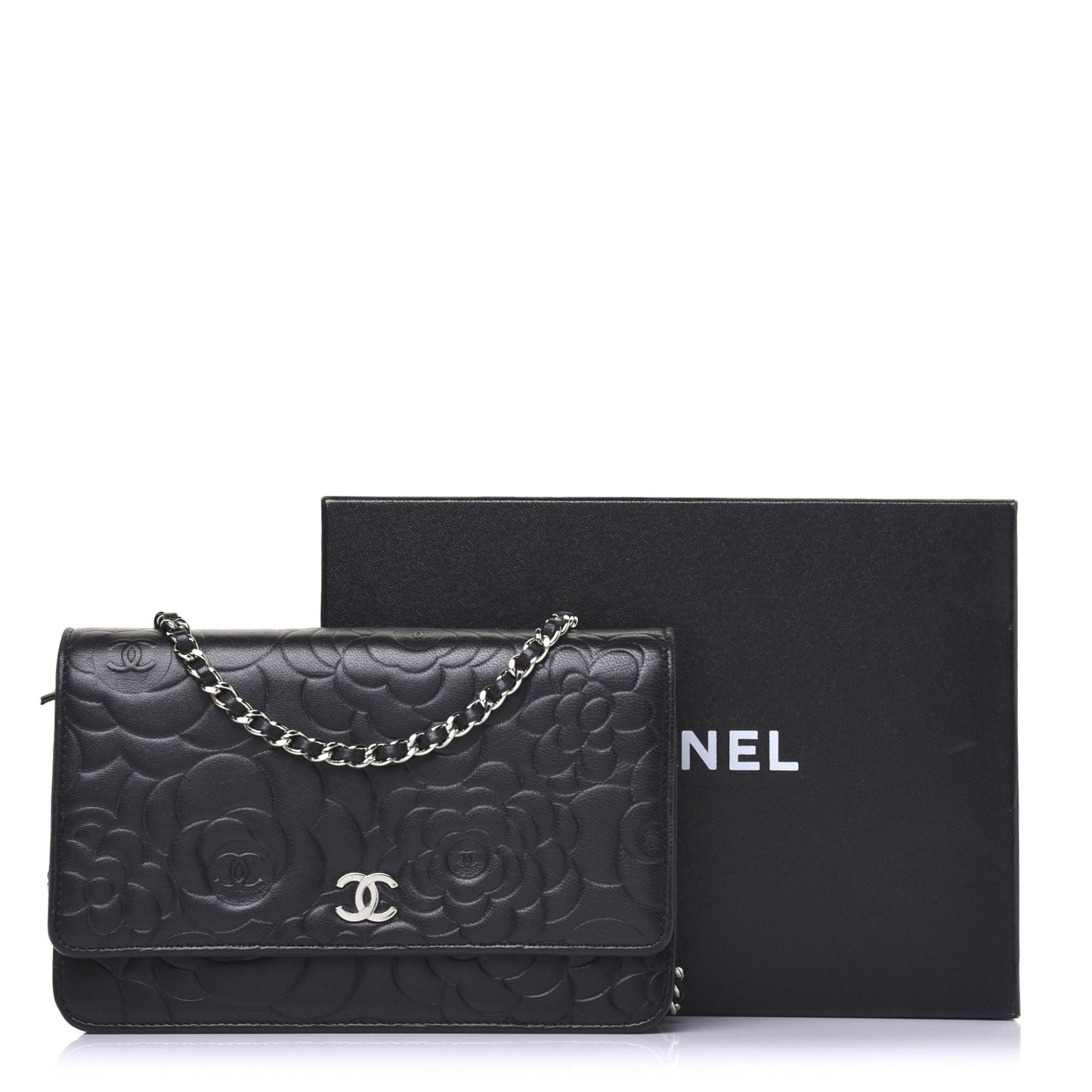 Lambskin Camellia Embossed Wallet on Chain WOC Black