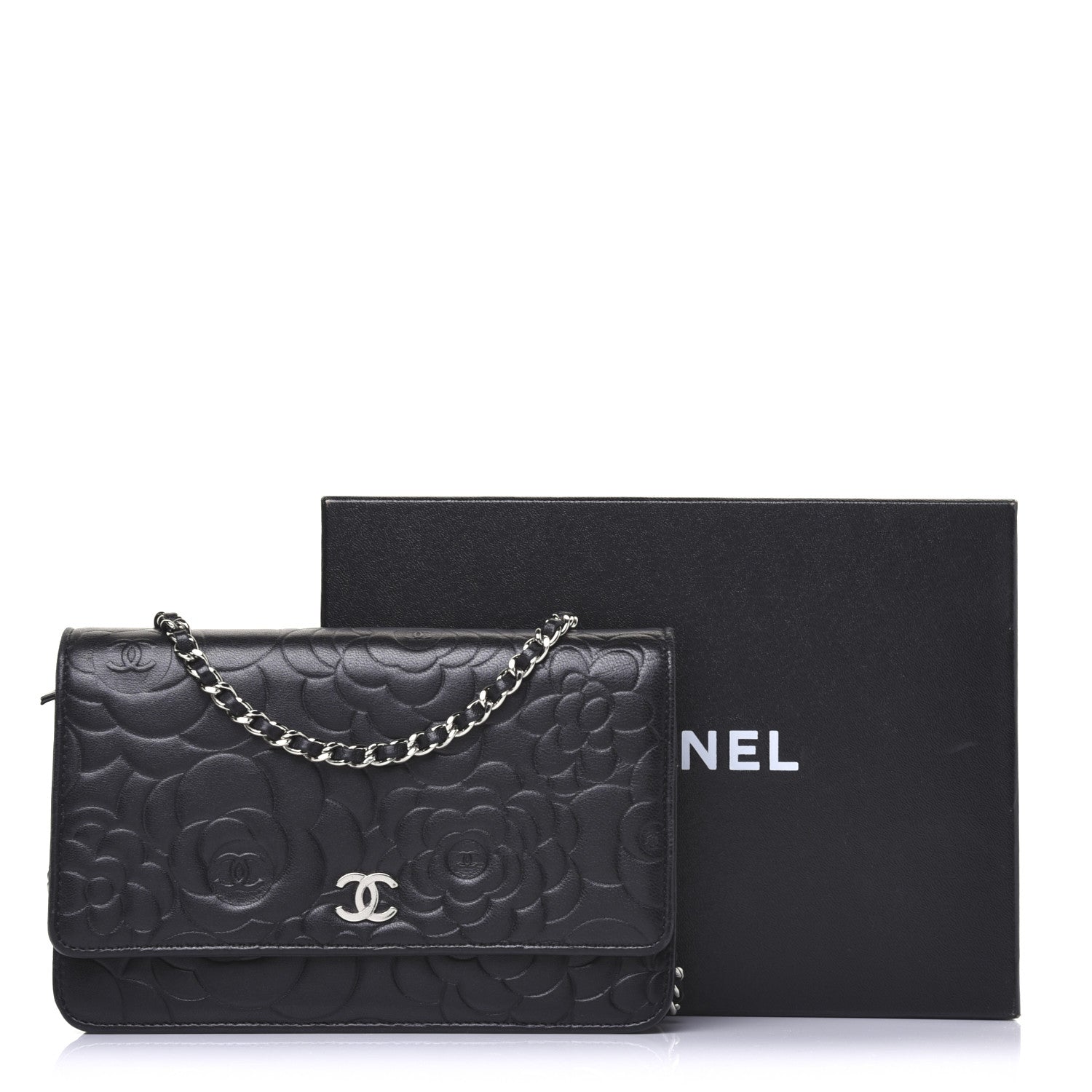 Chanel Lambskin Camellia Embossed Wallet on Chain WOC Black 16 of 16