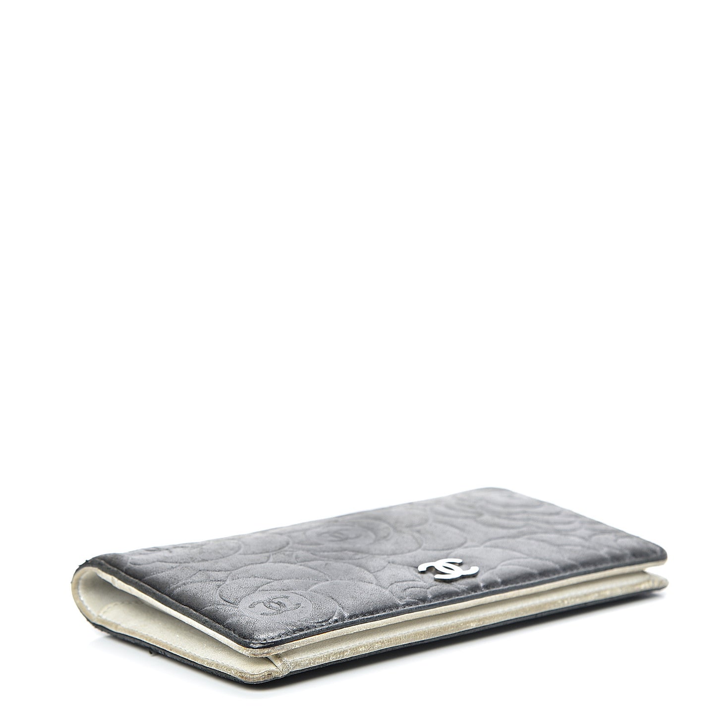 Lambskin Camellia Embossed Yen Wallet Black