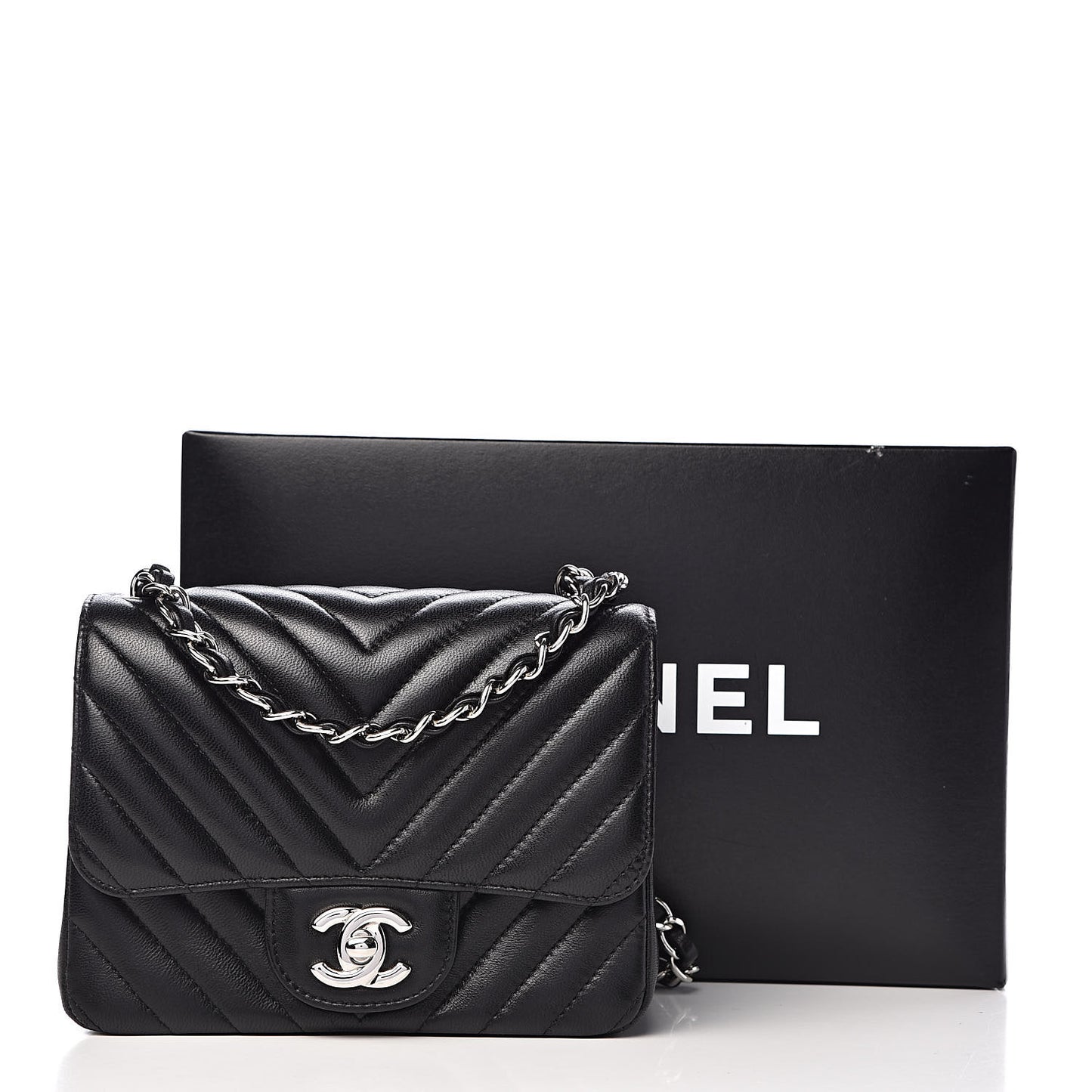Lambskin Chevron Quilted Mini Square Flap Black