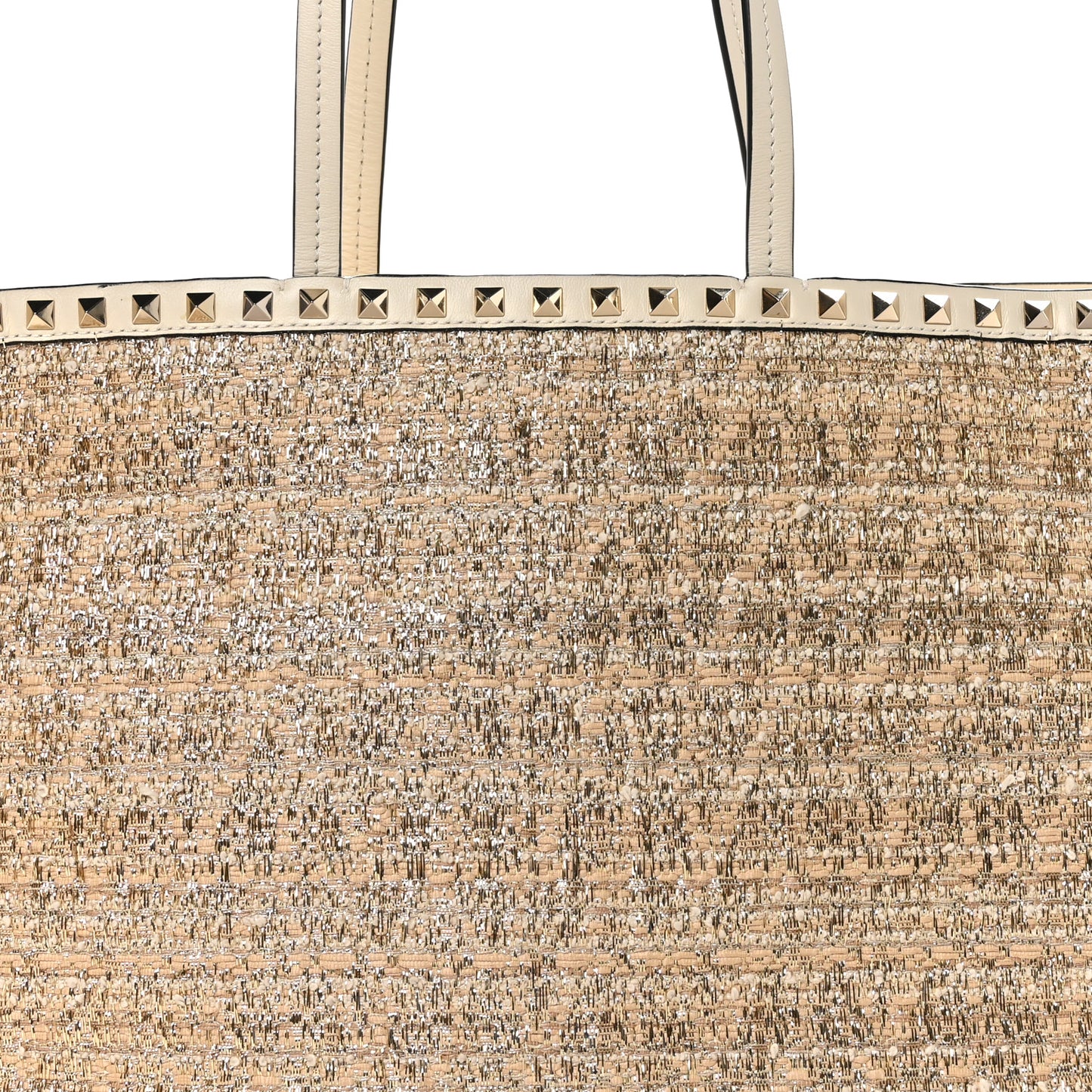 Metallic Boucle Raffia Calfskin Rockstud Shoulder Tote White Gold Ivory