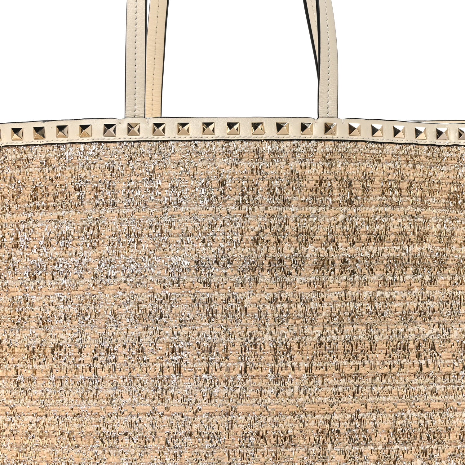 Valentino Garavani Metallic Boucle Raffia Calfskin Rockstud Shoulder Tote White Gold Ivory 7 of 9