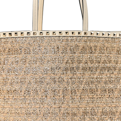 Valentino Garavani Metallic Boucle Raffia Calfskin Rockstud Shoulder Tote White Gold Ivory 7 of 9