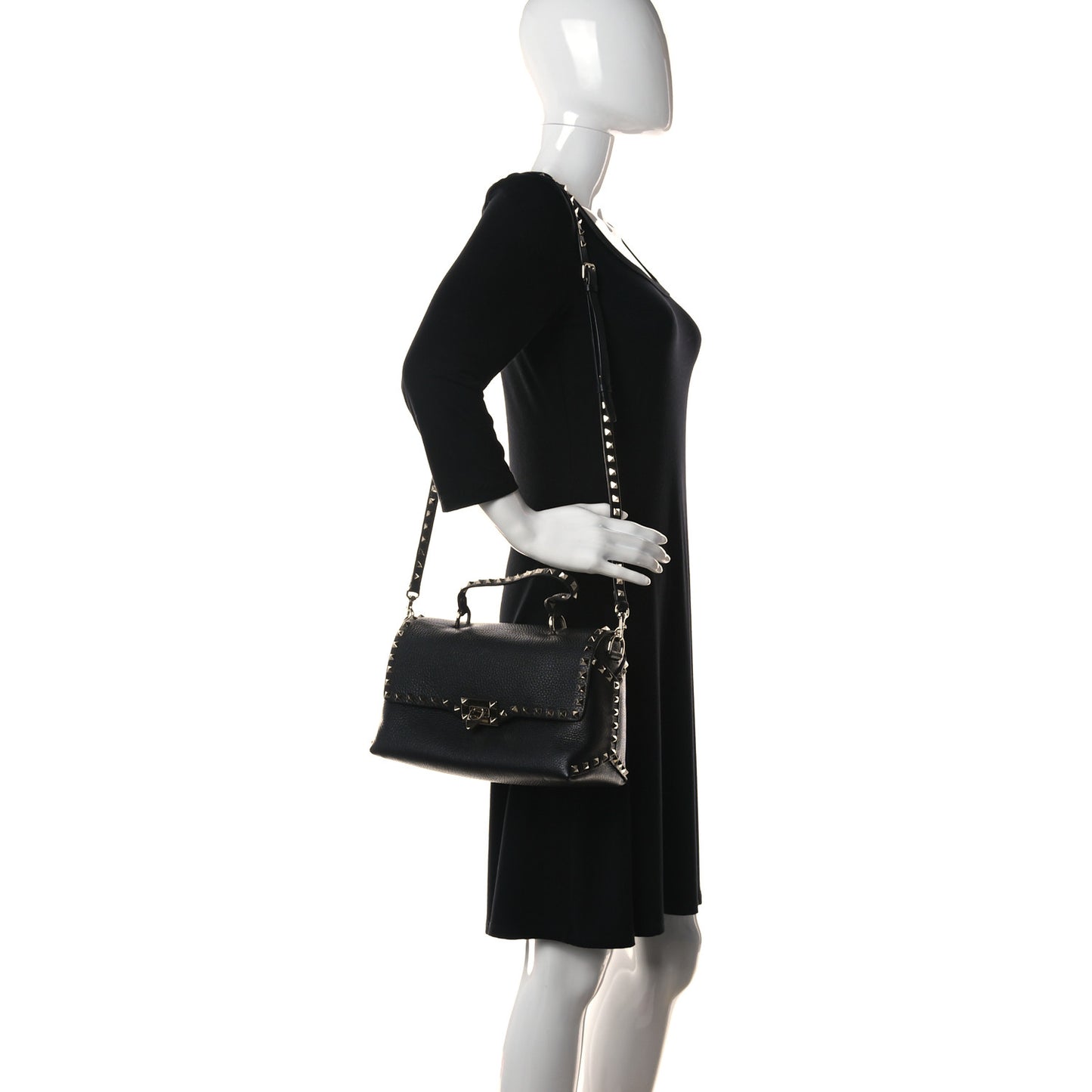 Pebbled Calfskin Rockstud Single Handle Flap Bag Black