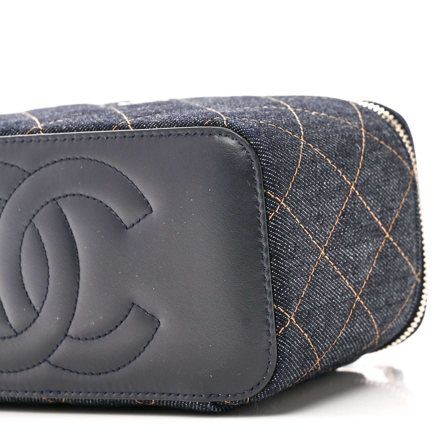 Chanel Denim Quilted Small Vanity Case With Chain Dark Blue Orange 10 of 11
