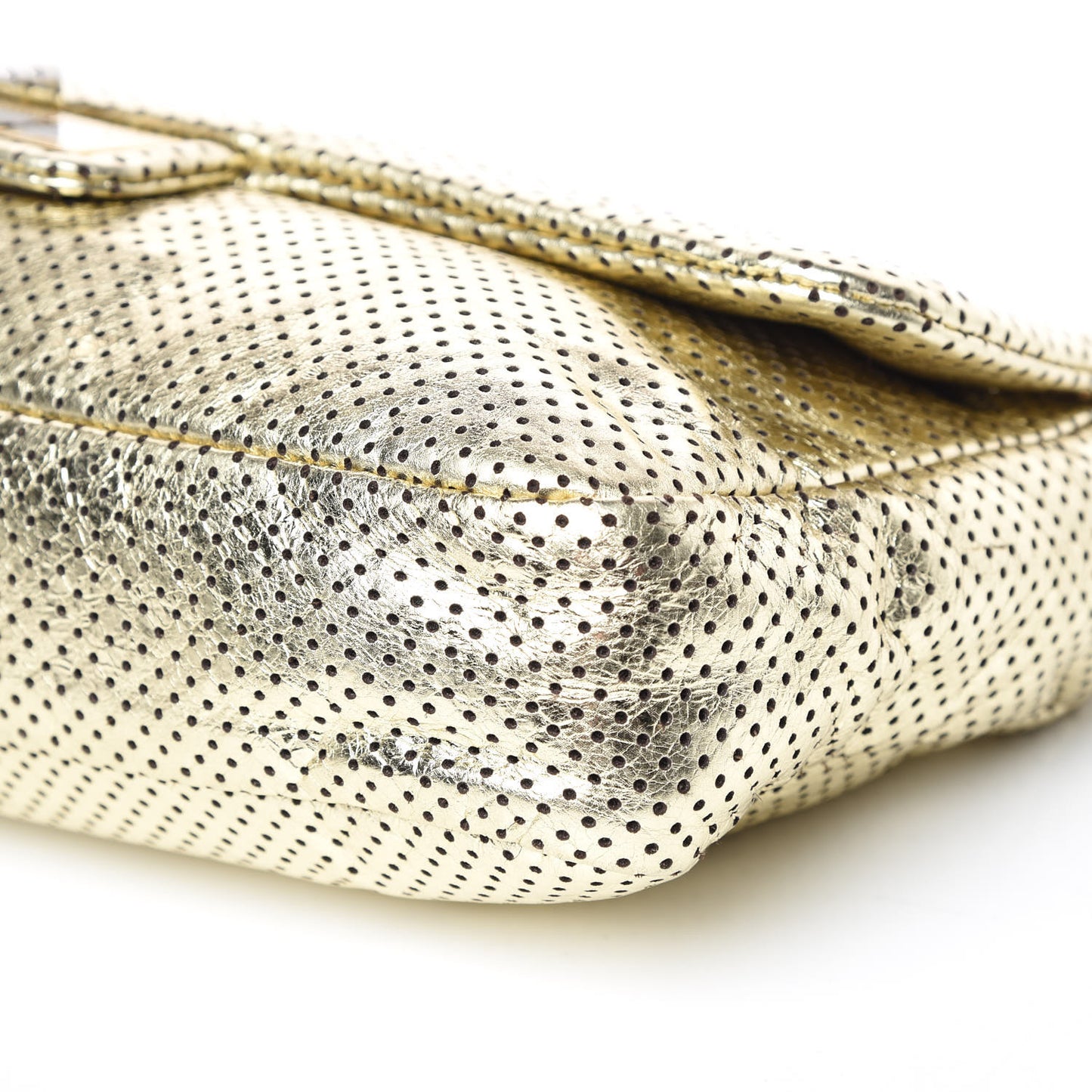Metallic Crackled Calfskin Perforated Large Drill Flap Gold