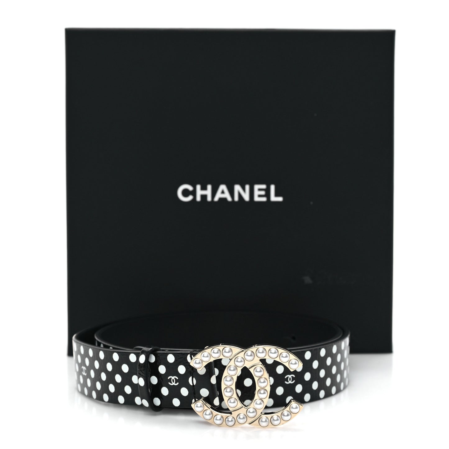 Printed Lambskin Polka Dot Pearl CC Belt 70 28 Black White
