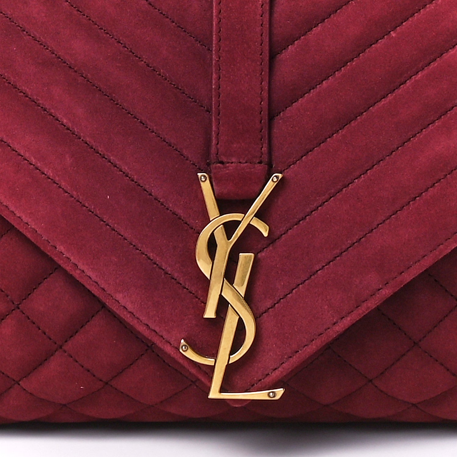 Saint Laurent Suede Mixed Matelasse Tri-Quilt Large Monogram Envelope Satchel Red 10 of 13