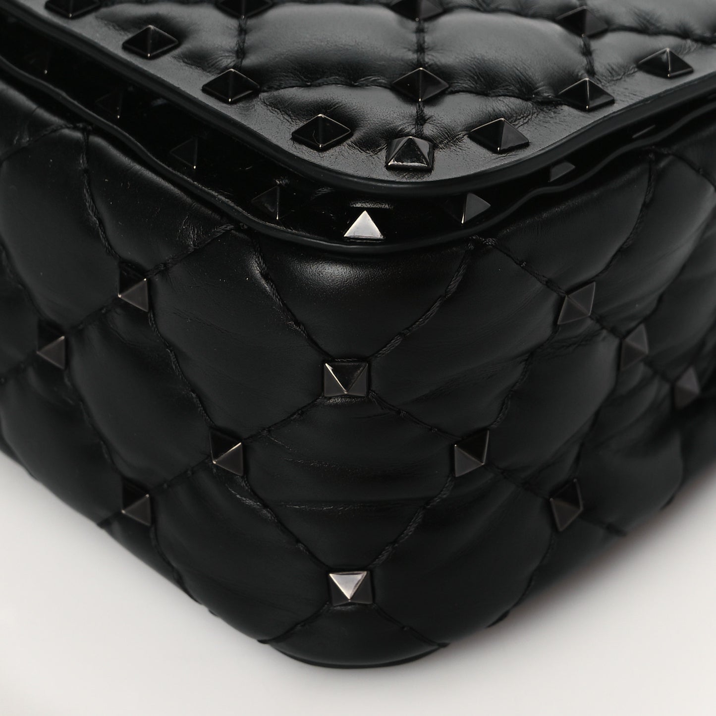 Calfskin Tonal Rockstud Spike Convertible Shoulder Bag Black