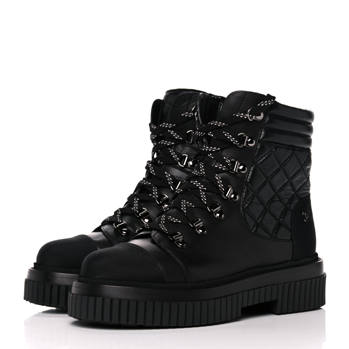 Calfskin Grosgrain Quilted Lace Up Boots 37 Black Grey