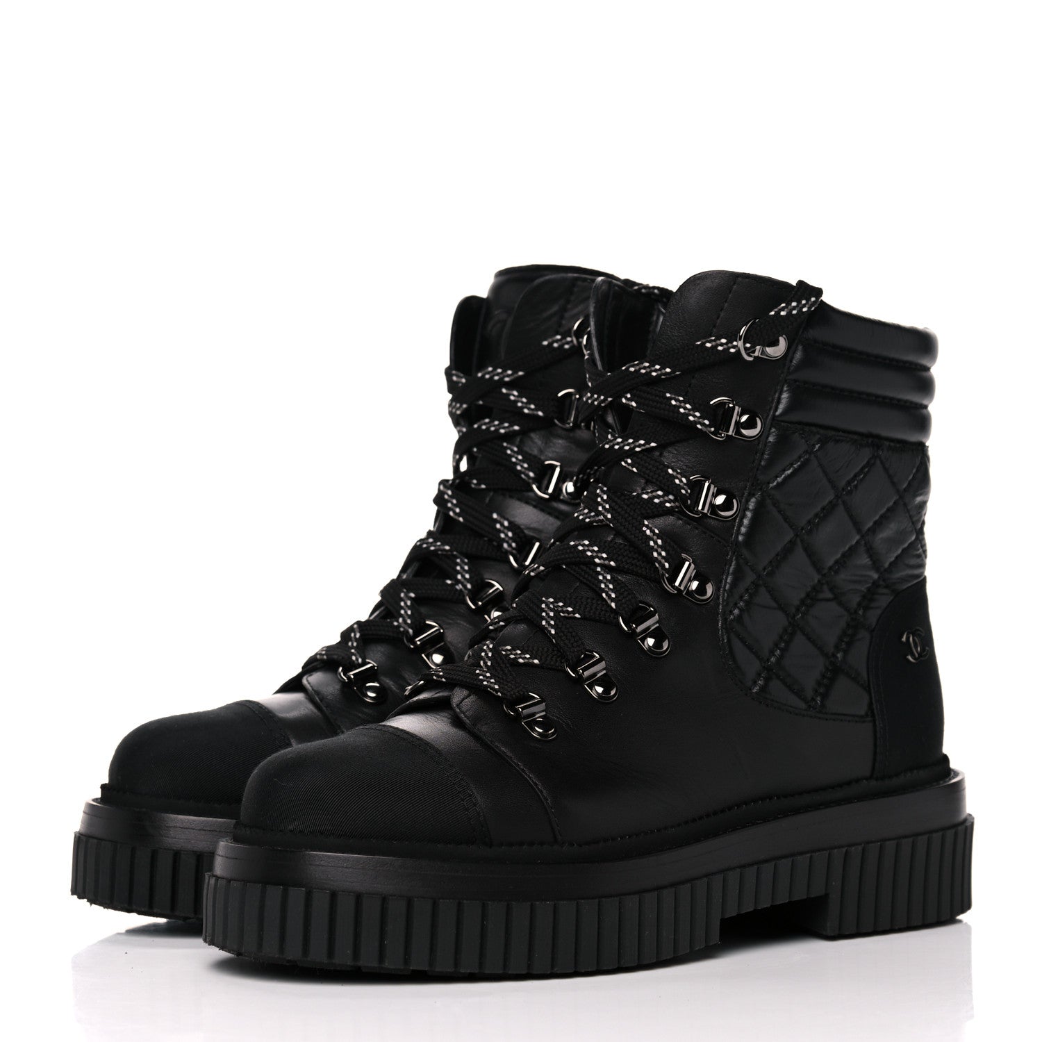 Chanel Calfskin Grosgrain Quilted Lace Up Boots 37 Black Grey 3 of 10