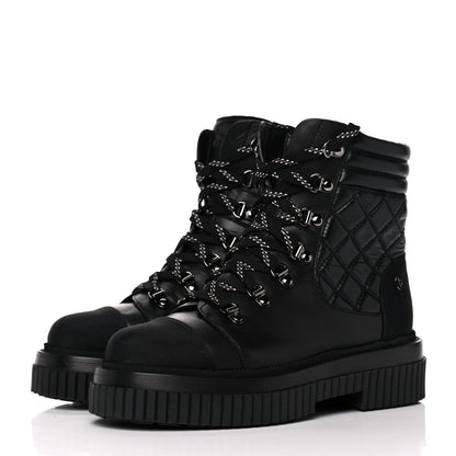 Chanel Calfskin Grosgrain Quilted Lace Up Boots 37 Black Grey 3 of 10