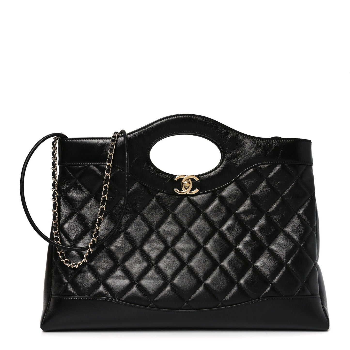 Shiny Lambskin Quilted 31 Shopping Bag Black