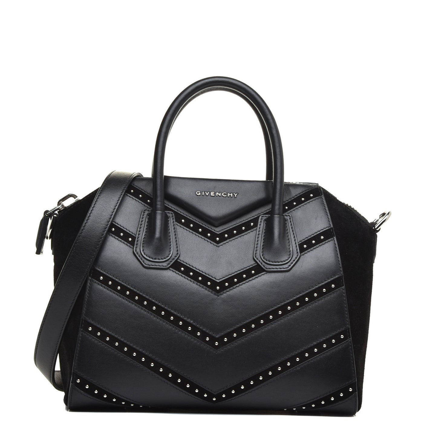 Calfskin Suede Small Studded Chevron Antigona Black